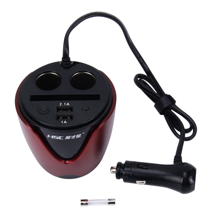 HSC YC-19 Car Cup Charger 2.1A/1A Dual USB Ports Car 12V-24V Charger with 2-Socket Cigarette and Card Socket