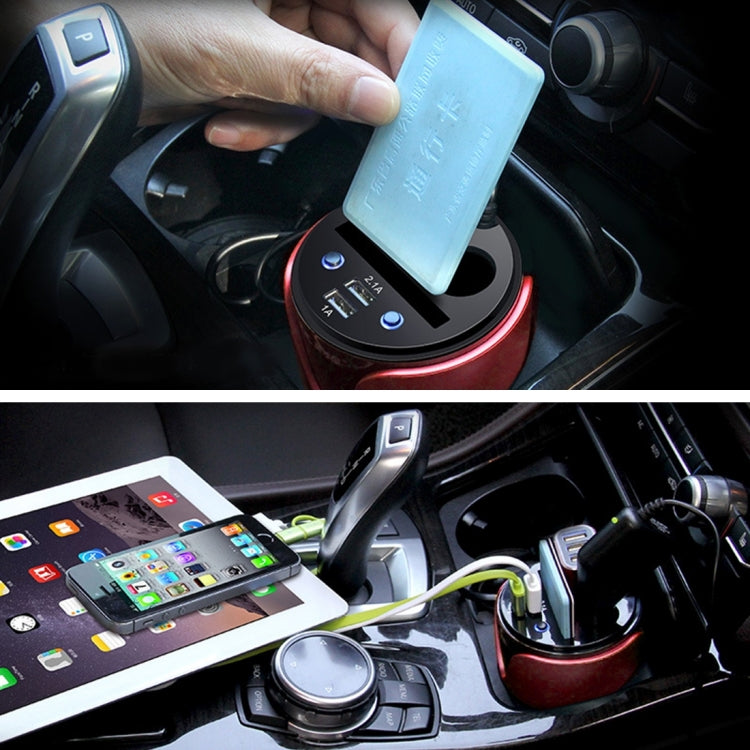 HSC YC-19 Car Cup Charger 2.1A/1A Dual USB Ports Car 12V-24V Charger with 2-Socket Cigarette and Card Socket