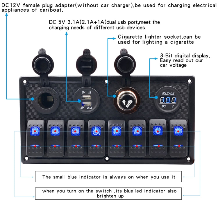 5Pin Multi-function Combination Switch Panel Voltmeter + Cigarette Lighter + Double Lights 8 Way Switches + Dual USB Charger + Cigarette Lighter Socketfor Car RV Marine Boat