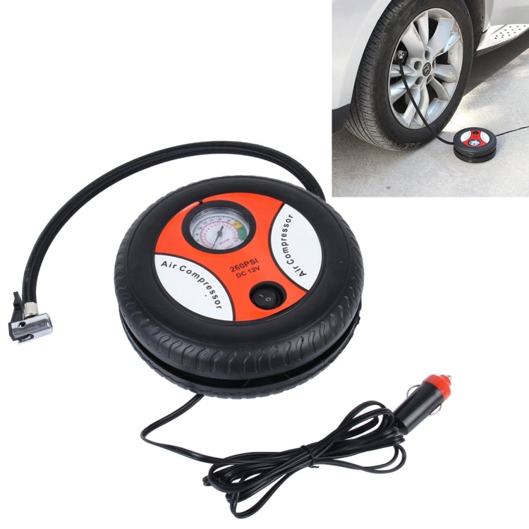 12V 10A Tire Shape Air Pump with Gauge and Three Nozzle Adapters Tire Inflator Compressor for Cars Vans Air Mattress Balls 250 PSI 25L/min