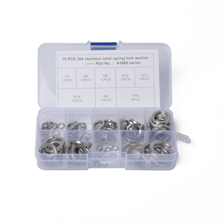 75 PCS Stainless Steel Spring Lock Washer Assorted Kit M4-M16 for Car / Boat / Home Appliance