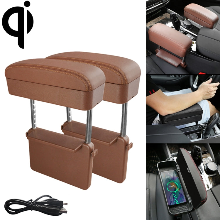 2 PCS Universal Car Wireless Qi Standard Charger PU Leather Wrapped Armrest Box Cushion Car Armrest Box Mat with Storage Box-Reluova