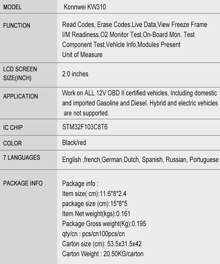 KONNWEI KW310 OBD Car Fault Detector Code Reader ELM327 OBD2 Scanner Diagnostic Tool