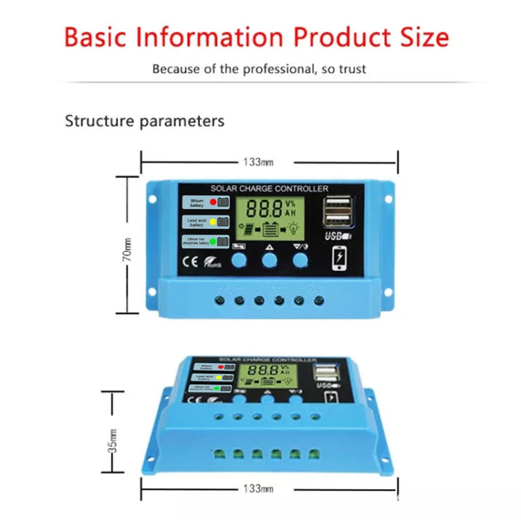 10A Solar Charge Controller 12V / 24V Lithium Lead-Acid Battery Charge Discharge PV Controller, with Indicator Light