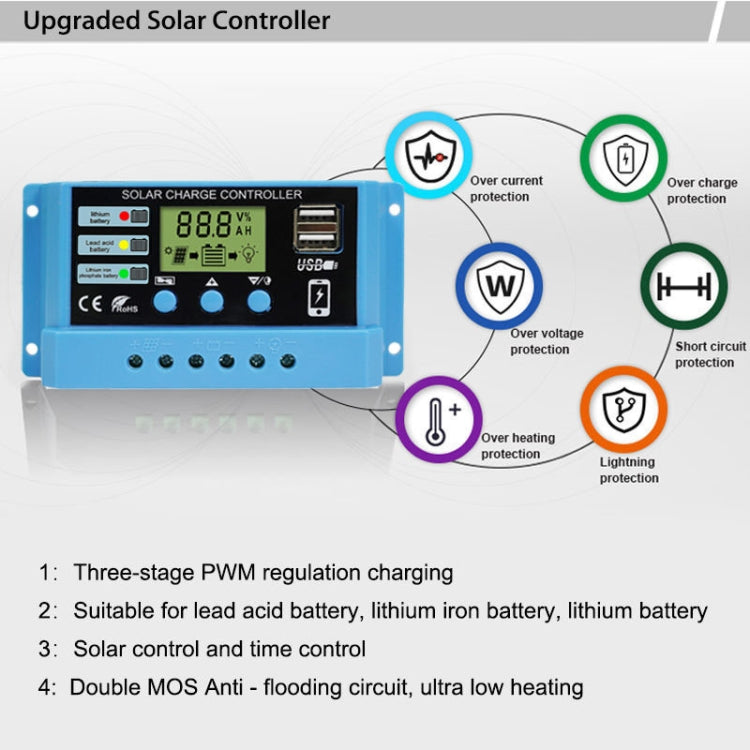 10A Solar Charge Controller 12V / 24V Lithium Lead-Acid Battery Charge Discharge PV Controller, with Indicator Light