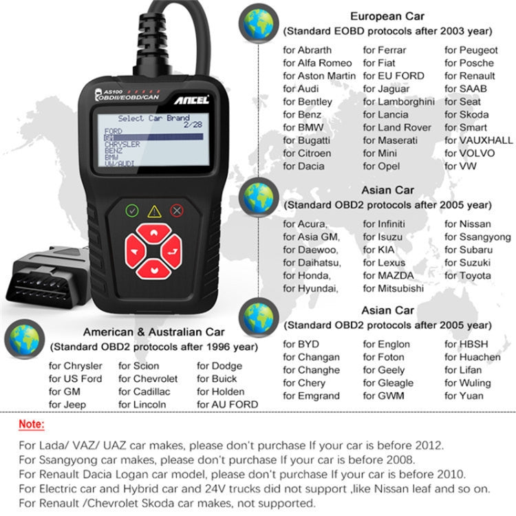 Ancel AS100 Car Fault Detector OBDII Engine Fault Light Clear