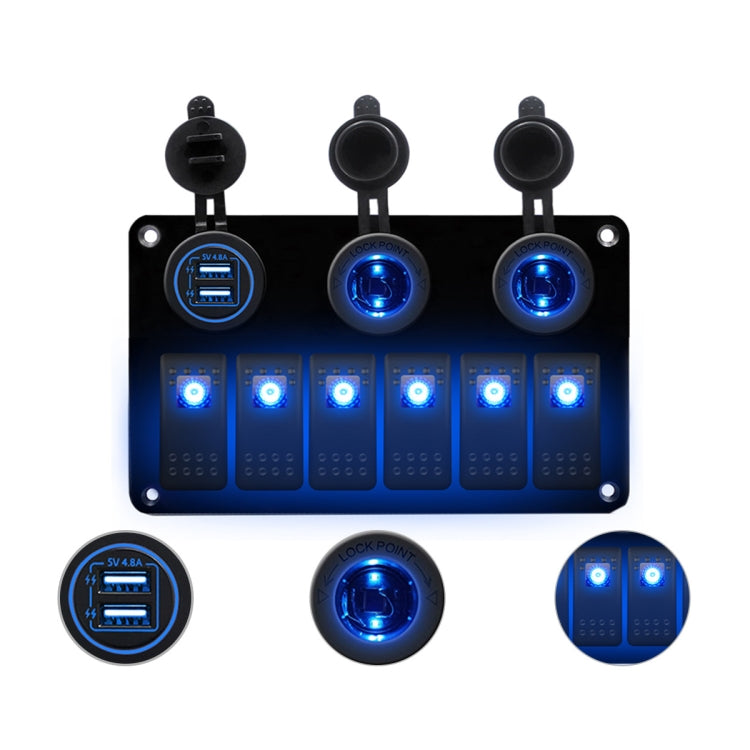 Multi-functional Combination Switch Panel 12V / 24V 6 Way Switches + Dual USB Charger for Car RV Marine Boat