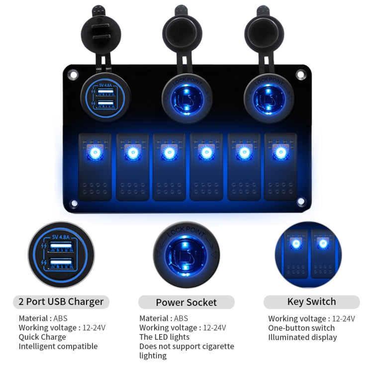 Multi-functional Combination Switch Panel 12V / 24V 6 Way Switches + Dual USB Charger for Car RV Marine Boat