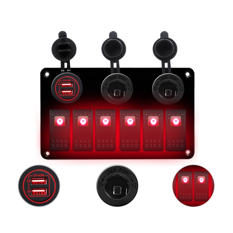 Multi-functional Combination Switch Panel 12V / 24V 6 Way Switches + Dual USB Charger for Car RV Marine Boat