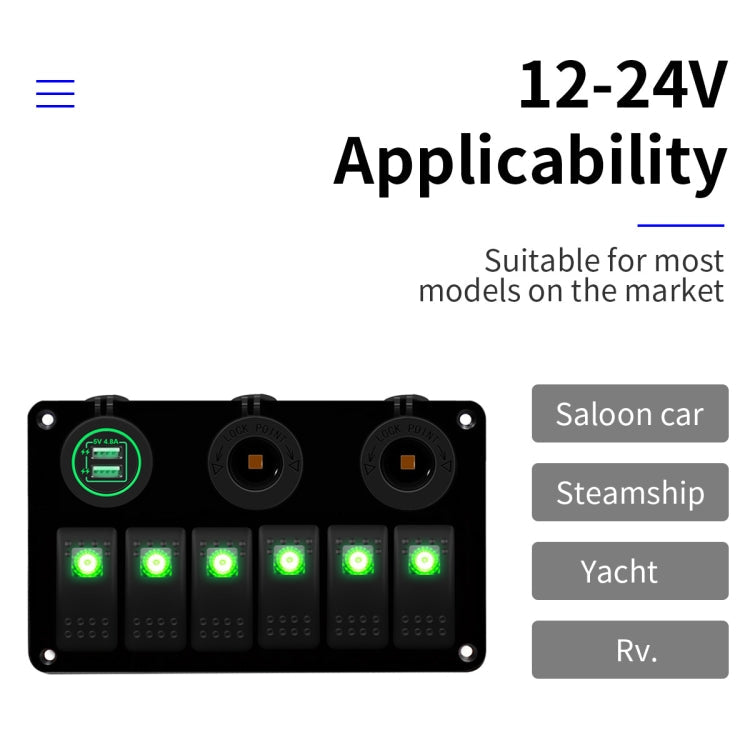 Multi-functional Combination Switch Panel 12V / 24V 6 Way Switches + Dual USB Charger for Car RV Marine Boat