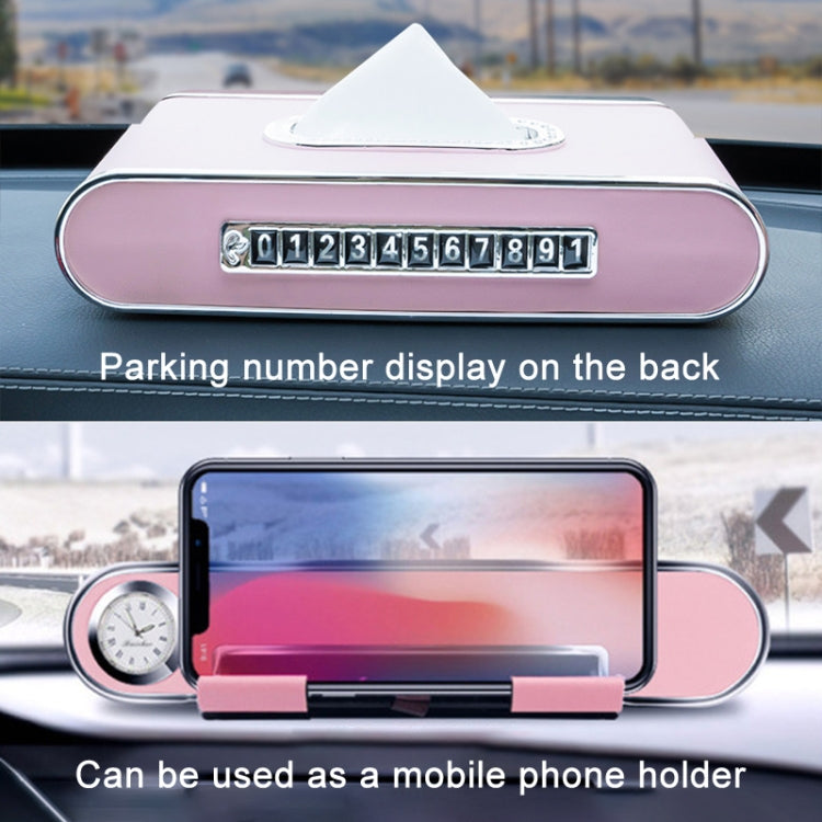 Car Dashboard Diamond Paper Towel Box with Temporary Parking Phone Number Card & Phone Holder & Clock