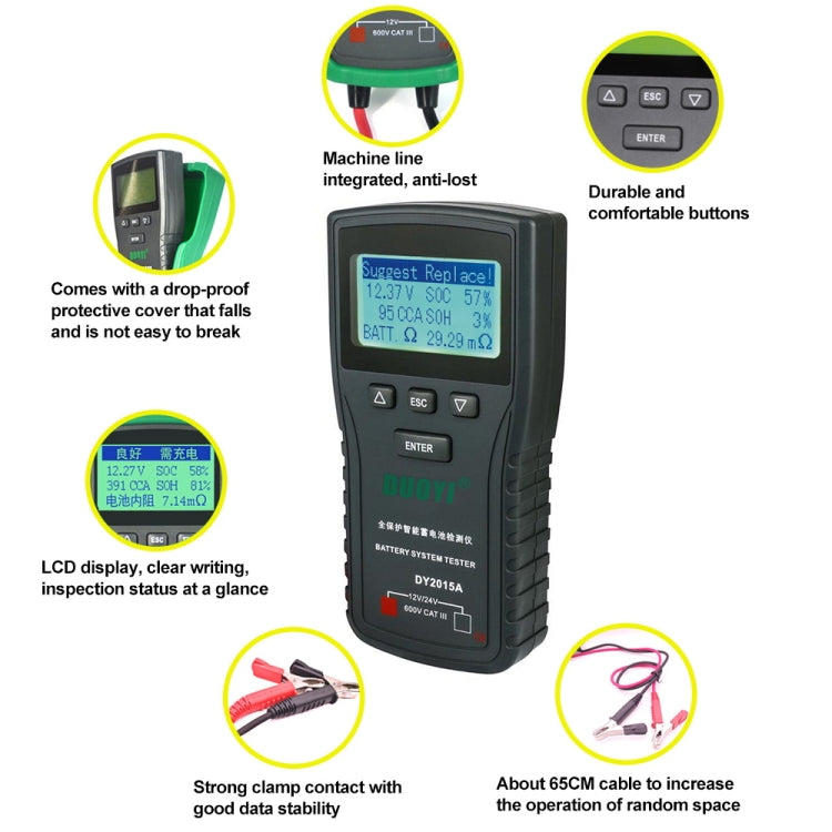 DUOYI DY2015A Car 12V 24V Digital CCA Load Battery Charging Digital Capacity Tester