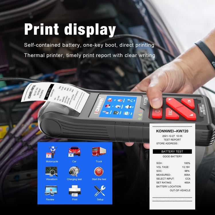 KONNWEI KW720 Car 3.2 inch 6V-24V Lead-acid Battery Tester with Printer