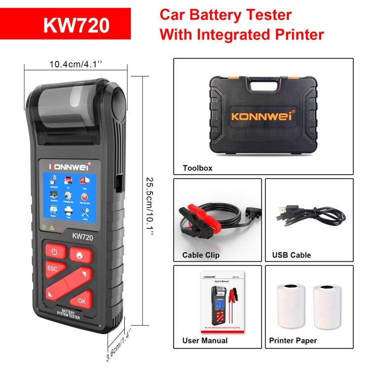 KONNWEI KW720 Car 3.2 inch 6V-24V Lead-acid Battery Tester with Printer