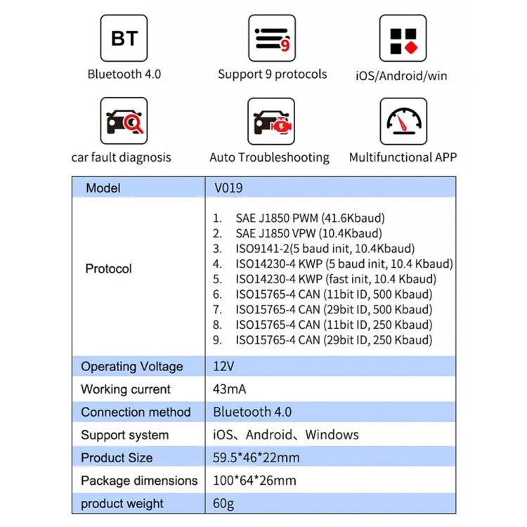 V019 OBD2 Scanner Bluetooth 4.0 ELM327 Car Diagnostic Tool ÎҵÄÉ̵ê