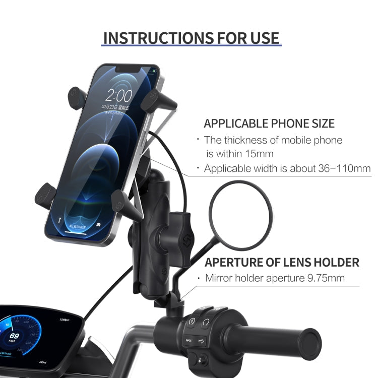 ZH-1558B2 Motorcycle Rear Mirror X-shape Aluminum Alloy Qi Wireless Charging Phone Holder