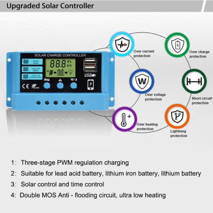 10A Solar Charge Controller 12V / 24V Lithium Lead-Acid Battery Charge Discharge PV Controller