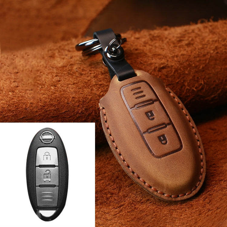 For Nissan Car Cowhide Leather Key Protective Cover Key Case, Three Keys Horizontal Line Version