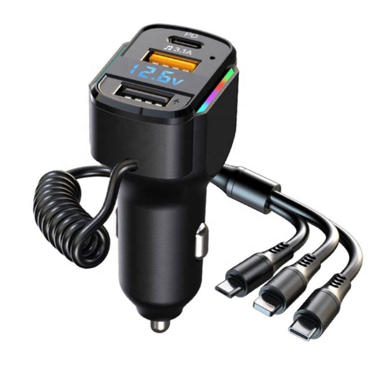 K4 Car 3 in 1 PD + USB Dual Port Fast Charger with Spring Data Cable