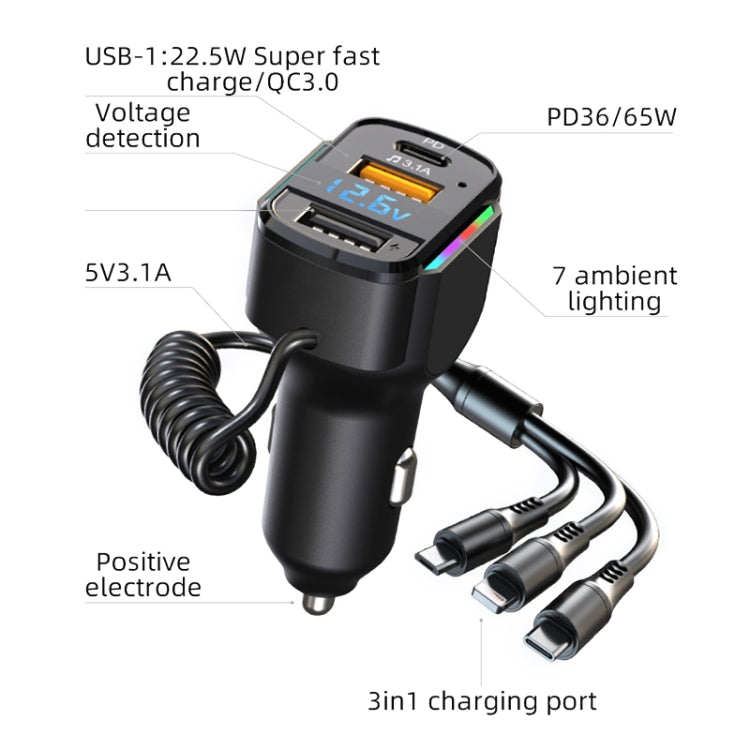 K4 Car 3 in 1 PD + USB Dual Port Fast Charger with Spring Data Cable ÎҵÄÉ̵ê