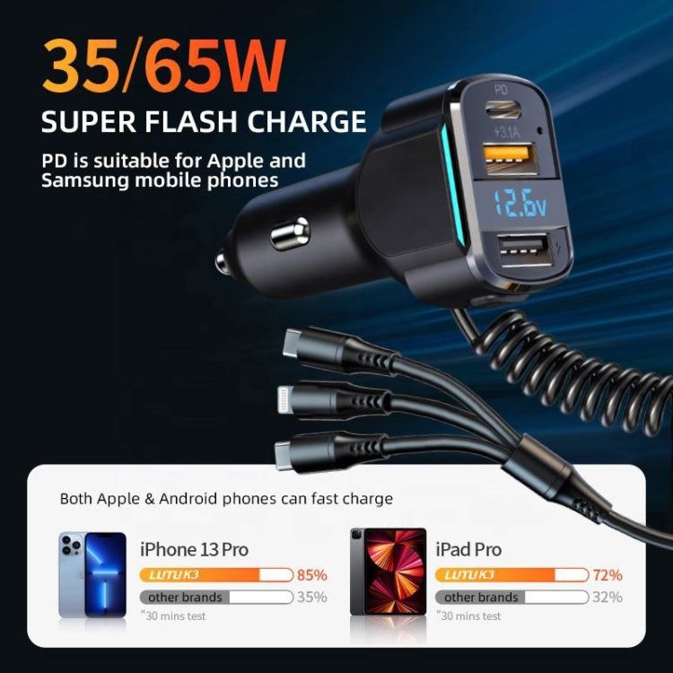 K4 Car 3 in 1 PD + USB Dual Port Fast Charger with Spring Data Cable