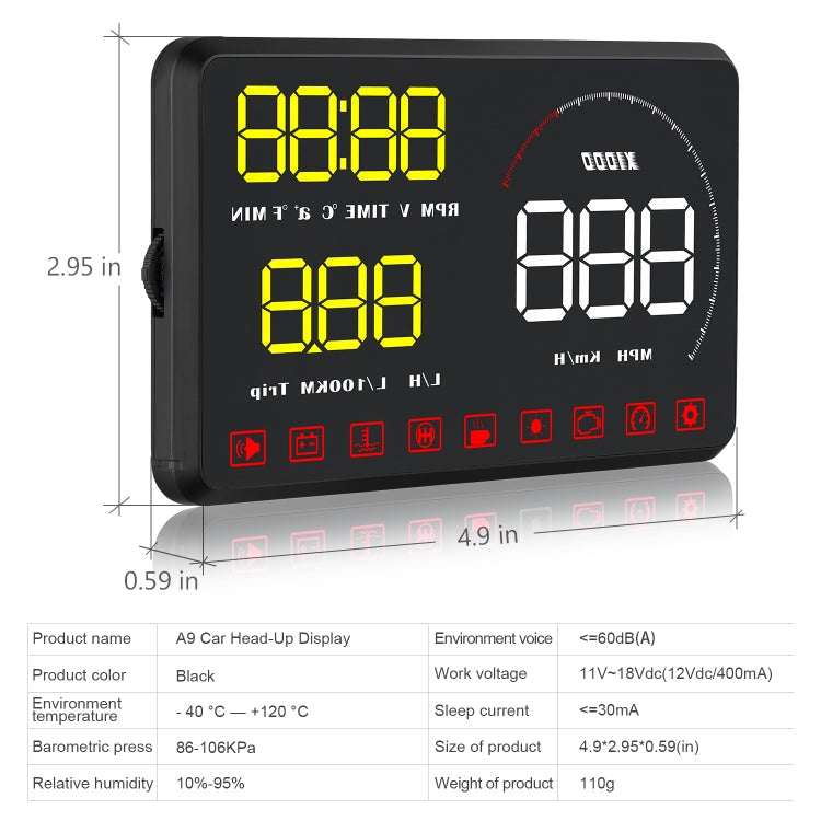 A9 5.5 inch Universal Car OBD2 HUD Vehicle-mounted Head Up Display