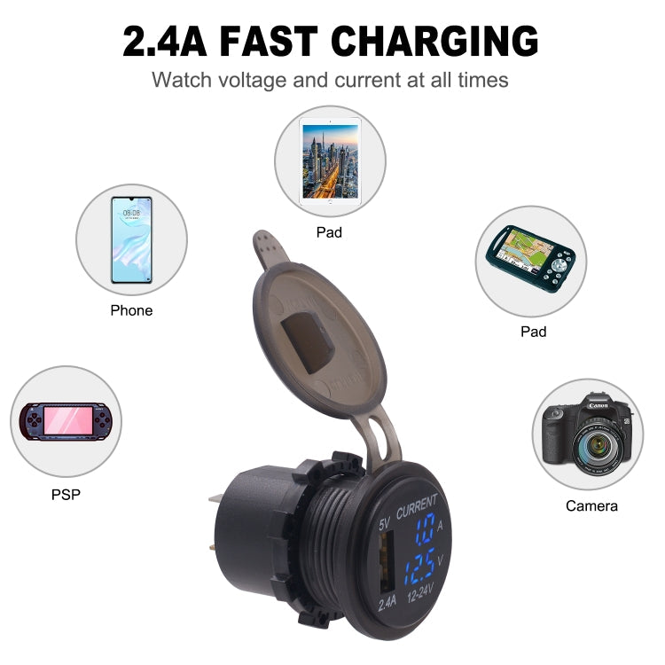 Universal Car Single Port USB Charger Power Outlet Adapter 2.4A 5V IP66 with LED Digital Voltmeter + Ammeter + 60cm Cable ÎҵÄÉ̵ê