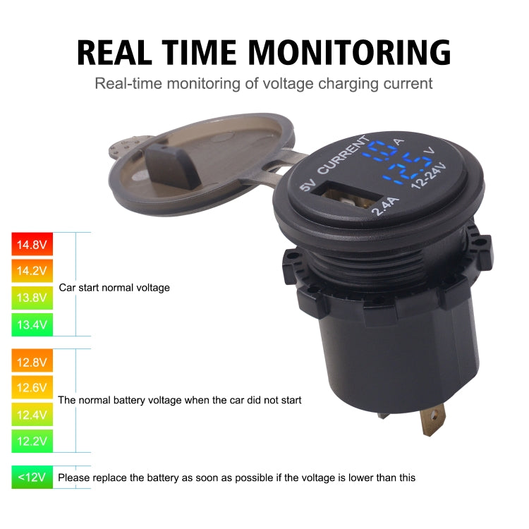 Universal Car Single Port USB Charger Power Outlet Adapter 2.4A 5V IP66 with LED Digital Voltmeter + Ammeter ÎҵÄÉ̵ê