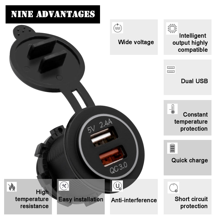 Universal Car QC3.0 Dual Port USB Charger Power Outlet Adapter 5V 2.4A IP66 with 60cm Cable ÎҵÄÉ̵ê