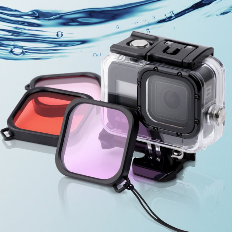 For GoPro HERO8 Black 45m Waterproof Housing Protective Case with Buckle Basic Mount & Screw & (Purple, Red, Pink) Filters & Floating Bobber Grip & Strap & Anti-Fog Inserts