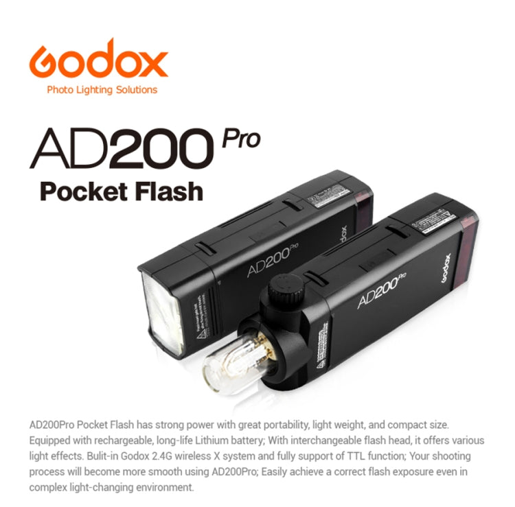 Godox AD200 Pro Pocket Flash Light  TTL HSS 2.4G Wireless X System Outdoor Flash Speedlight