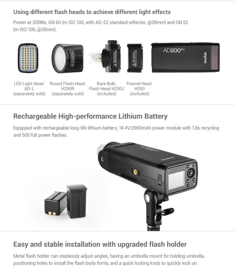 Godox AD200 Pro Pocket Flash Light  TTL HSS 2.4G Wireless X System Outdoor Flash Speedlight