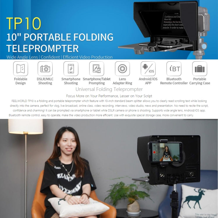 FEELWORLD TP10 Portable 10-inch Folding Teleprompter with Remote Control Lens Adapter Ring For Below 10 inches Smartphone / Tablet