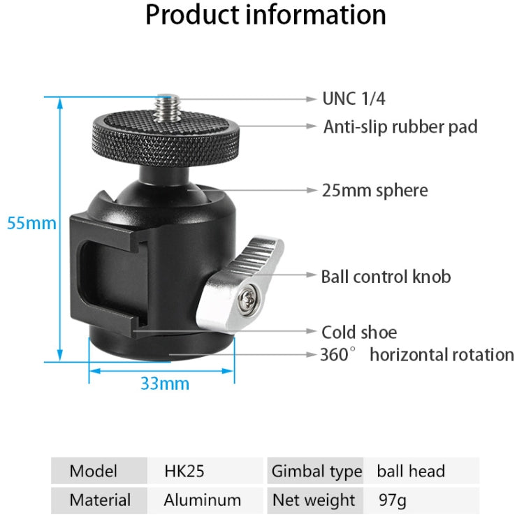 BEXIN HK25 Aluminum Alloy Cold Shoe Tripod Adapter Ball Head