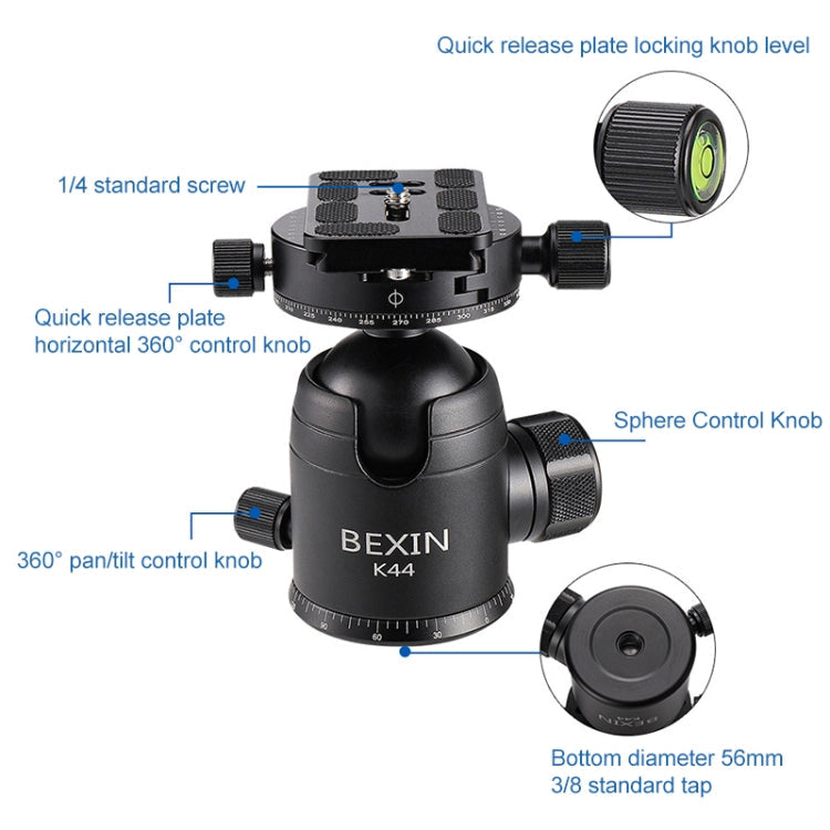 BEXIN RC294 Portable Collapsible Carbon Fiber Camera Tripod with K44 Panoramic BallHead