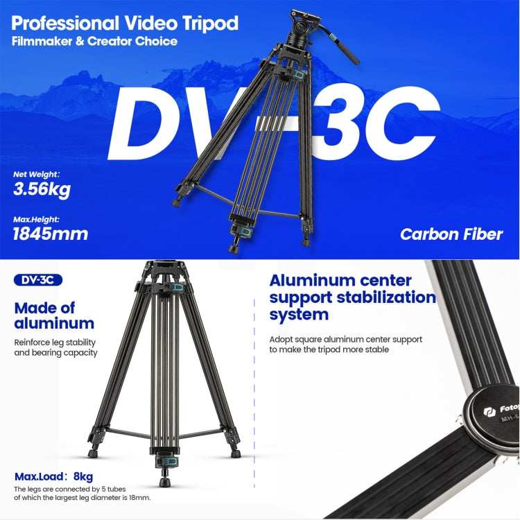 Fotopro DV-3C Heavy Duty Fluid Head Carbon Fiber Video Tripod