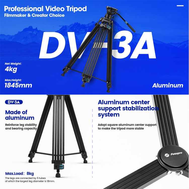 Fotopro DV-3A Heavy Duty Fluid Head Aluminum Alloy Video Tripod