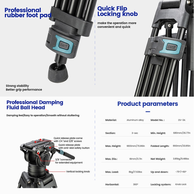 Fotopro DV-3A Heavy Duty Fluid Head Aluminum Alloy Video Tripod