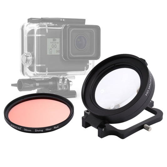 JSR 58mm 16X Macro Lens + Red Diving Lens Filter with Lens Cover + Lens Filter Ring Adapter + String + Cleaning Cloth for GoPro HERO6 /5 Dive Housing