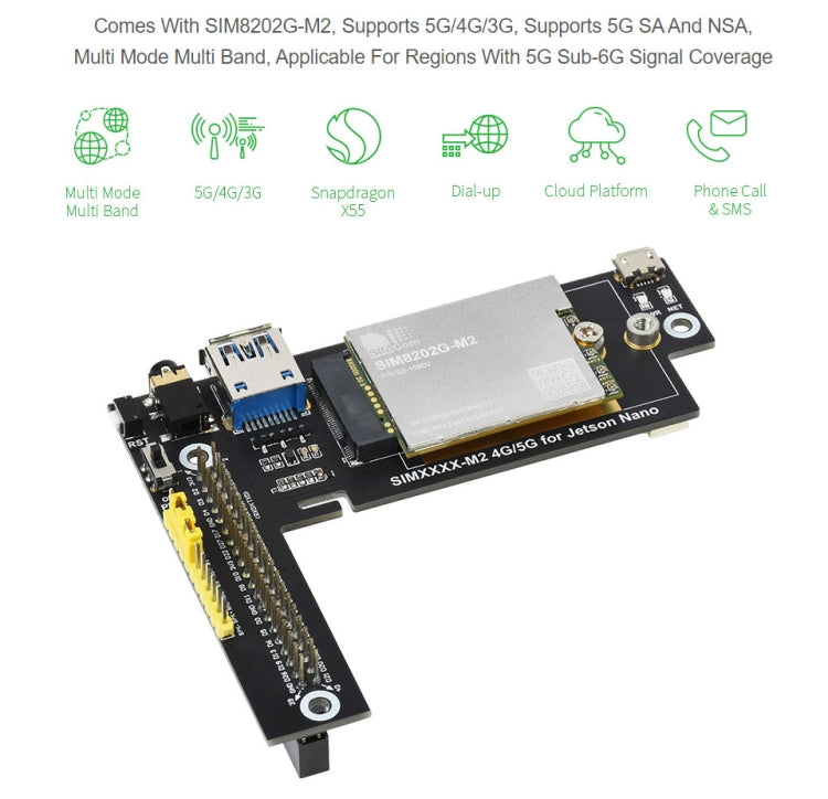 Waveshare SIM8202G-M2 5G Snapdragon X55 Multi Mode Multi Band 5G/4G/3G Module Expand Board for Jetson Nano, US Plug