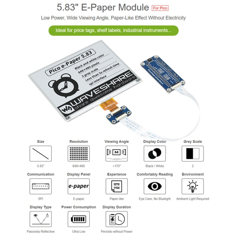 Waveshare 5.83 inch 648x480 Pixel Black White E-Paper E-Ink Display Module for Raspberry Pi Pico, SPI Interface