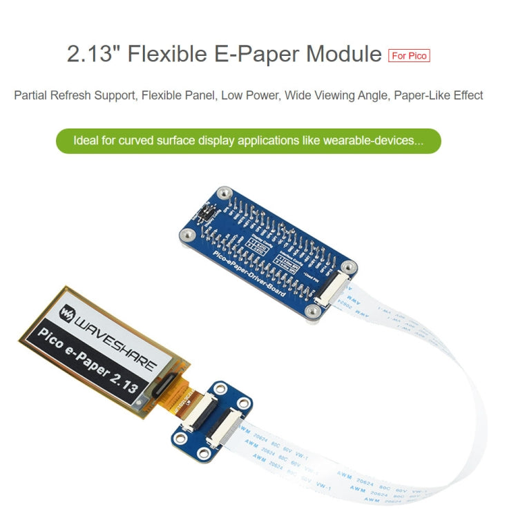 Waveshare 2.13 inch 212 x 104 Pixel Black / White Flexible E-Paper E-Ink Display Module for Raspberry Pi Pico, SPI Interface