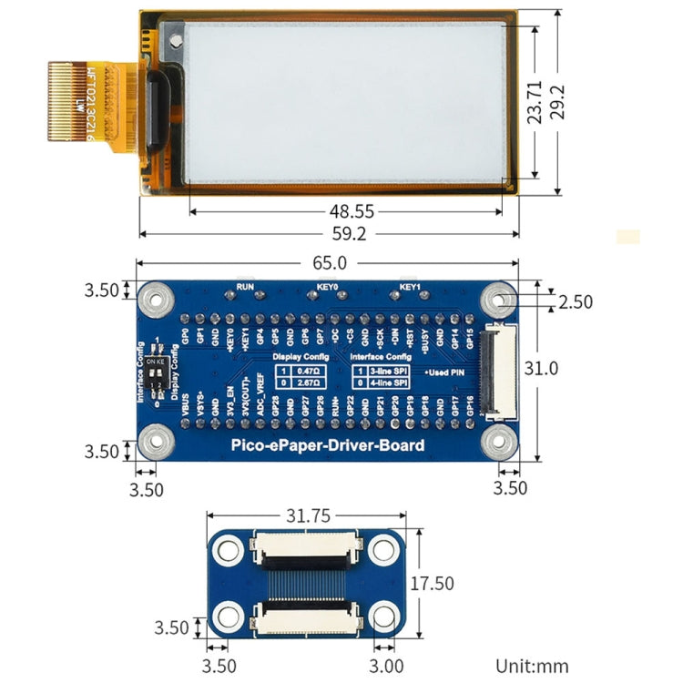 Waveshare 2.13 inch 212 x 104 Pixel Black / White Flexible E-Paper E-Ink Display Module for Raspberry Pi Pico, SPI Interface