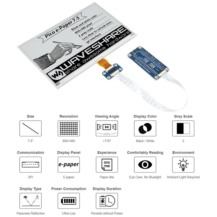 Waveshare 7.5 inch 800x480 pixel Black White E-Paper E-Ink Display Module for Raspberry Pi Pico, SPI Interface