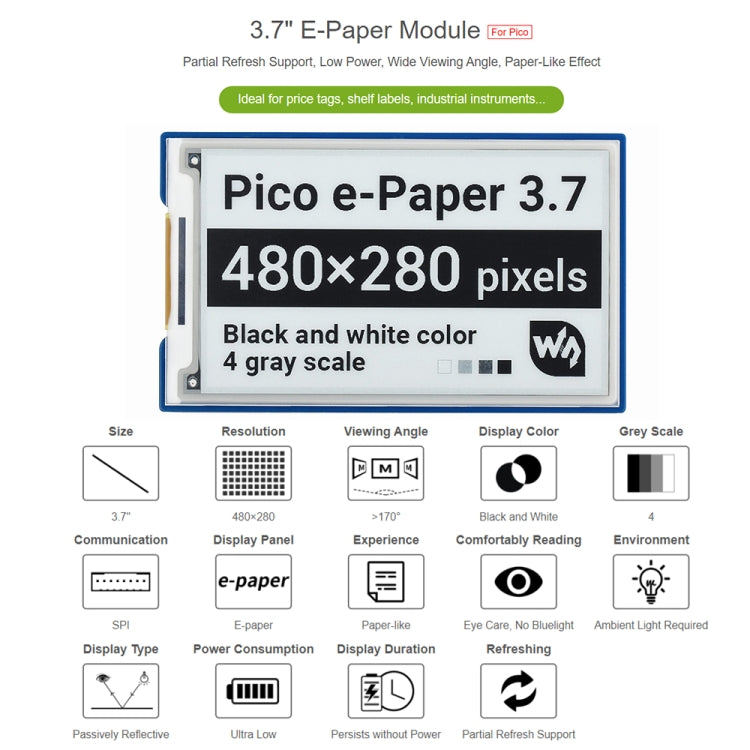 Waveshare 3.7 inch 480x280 Pixel E-Paper E-Ink Display Module for Raspberry Pi Pico, 4 Grayscale, SPI Interface