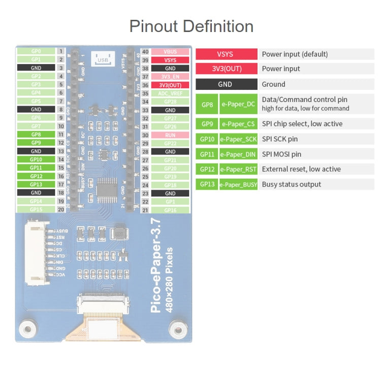 Waveshare 3.7 inch 480x280 Pixel E-Paper E-Ink Display Module for Raspberry Pi Pico, 4 Grayscale, SPI Interface My Store