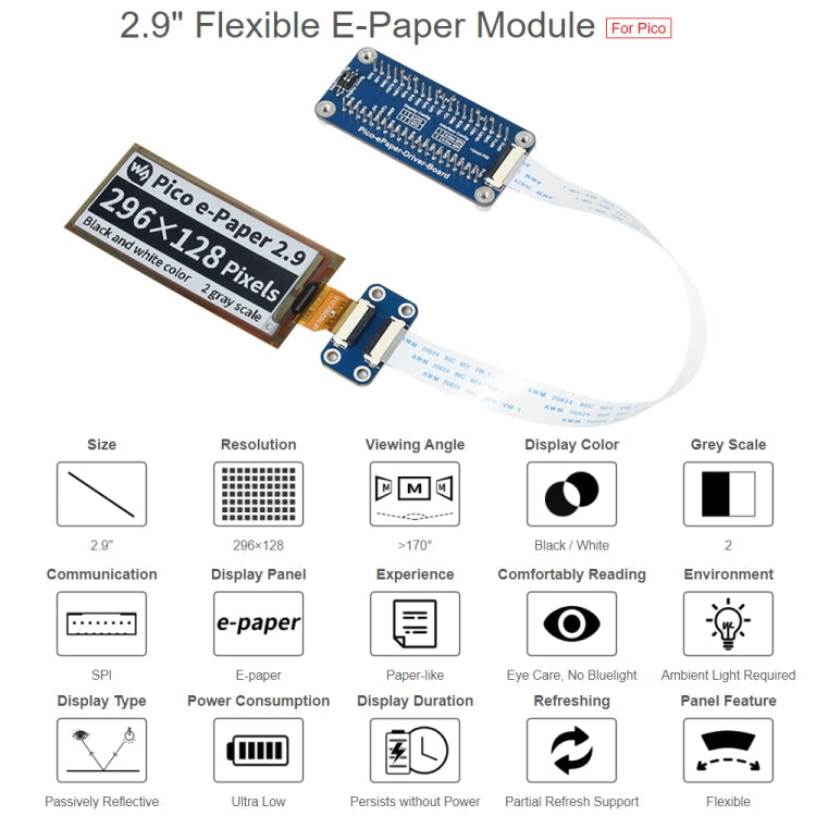 Waveshare 2.9 inch 296 x 128 Pixel Black / White Flexible E-Paper E-Ink Display Module for Raspberry Pi Pico, SPI Interface My Store