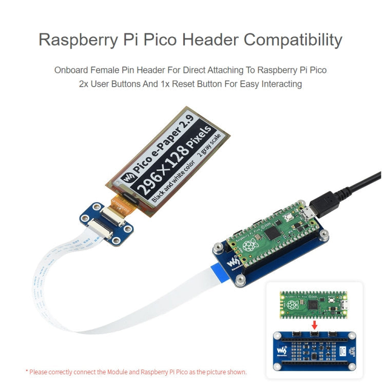 Waveshare 2.9 inch 296 x 128 Pixel Black / White Flexible E-Paper E-Ink Display Module for Raspberry Pi Pico, SPI Interface