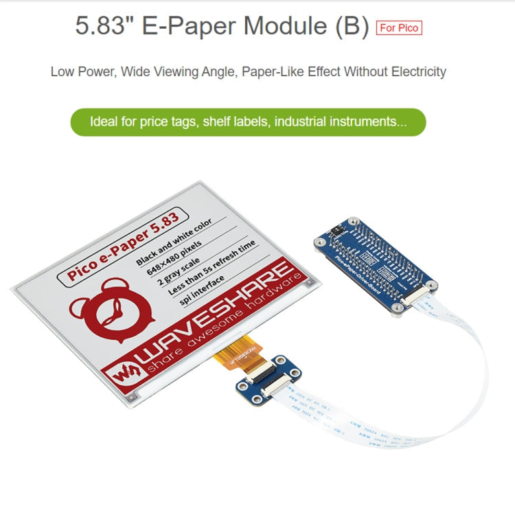 Waveshare 5.83 inch 648x480 Pixel Red Black White E-Paper E-Ink Display Module (B) for Raspberry Pi Pico, SPI Interface