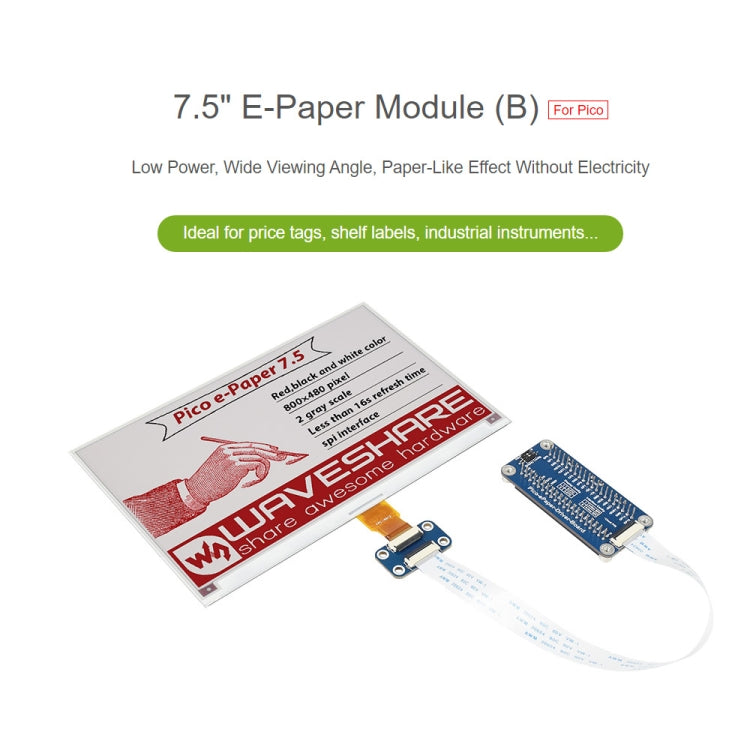 Waveshare 7.5 inch 800x480 Pixel Red Black White E-Paper E-Ink Display Module (B) for Raspberry Pi Pico, SPI Interface